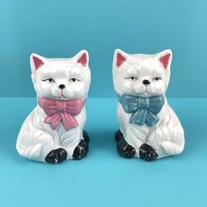 Vintage Cat Salt and Pepper Shakers Ceramic White Cats Pink and Blue Bows
